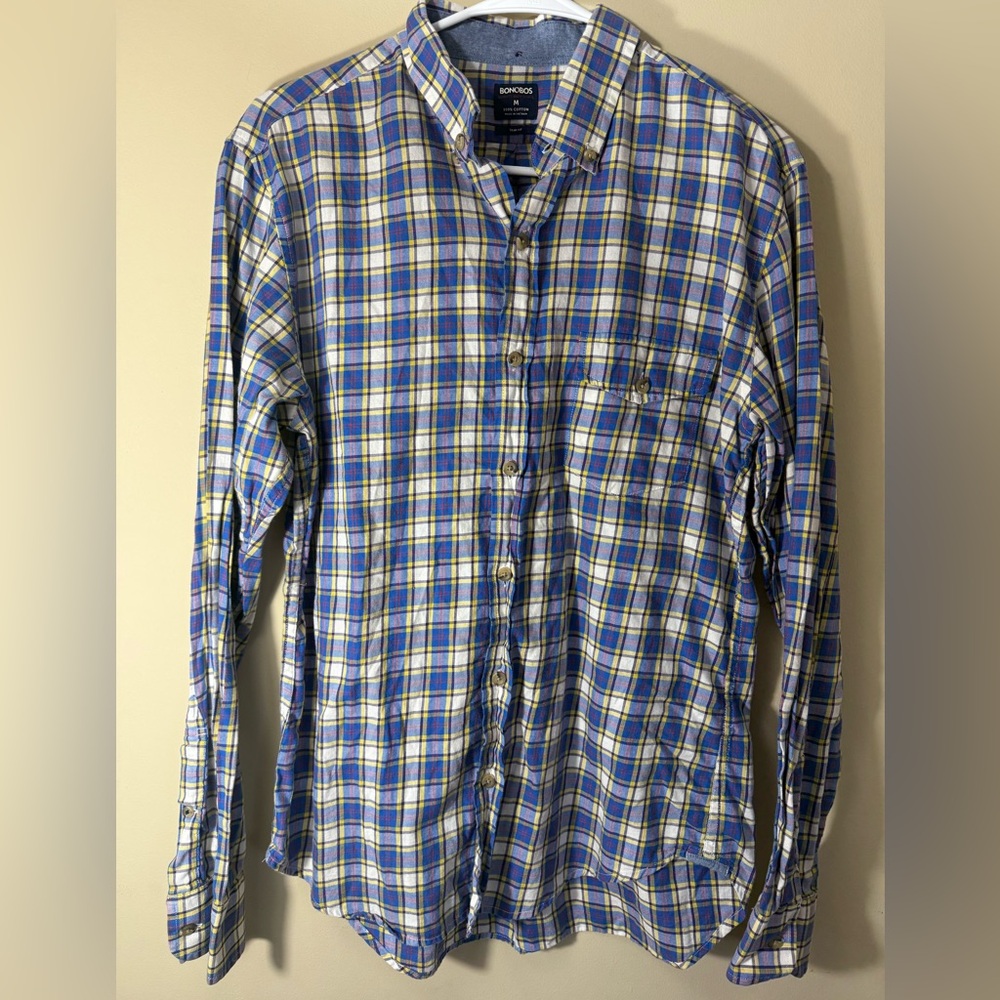 Bonobos Blue and Yellow Plaid Casual Shirt Medium Slim Fit 100% Cotton